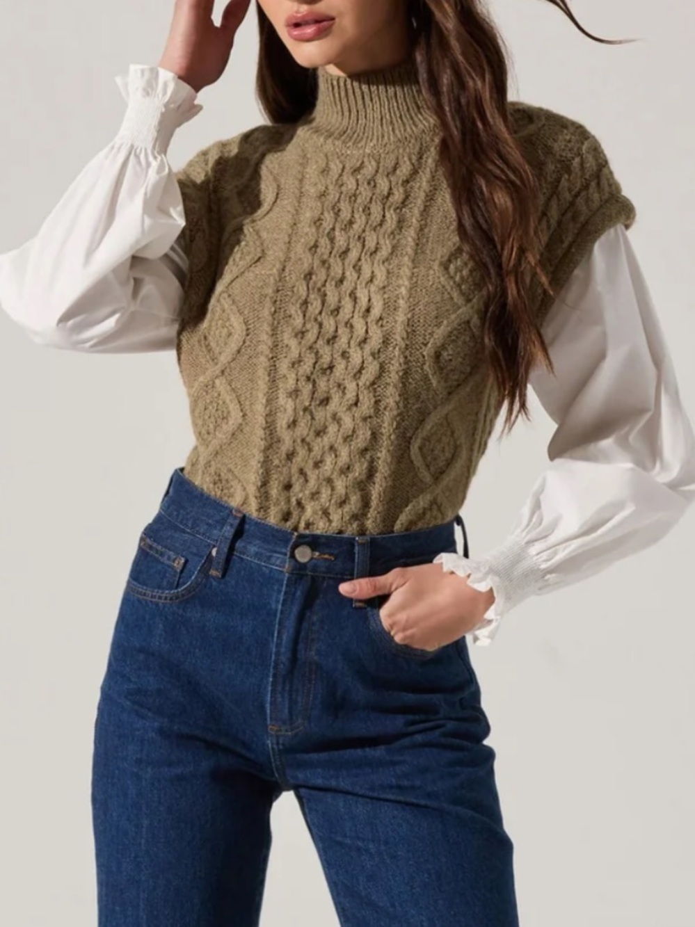 NWOT Astr Angeline Olive Contrast Cable Knit Turtleneck Layer-Look Sweater, S